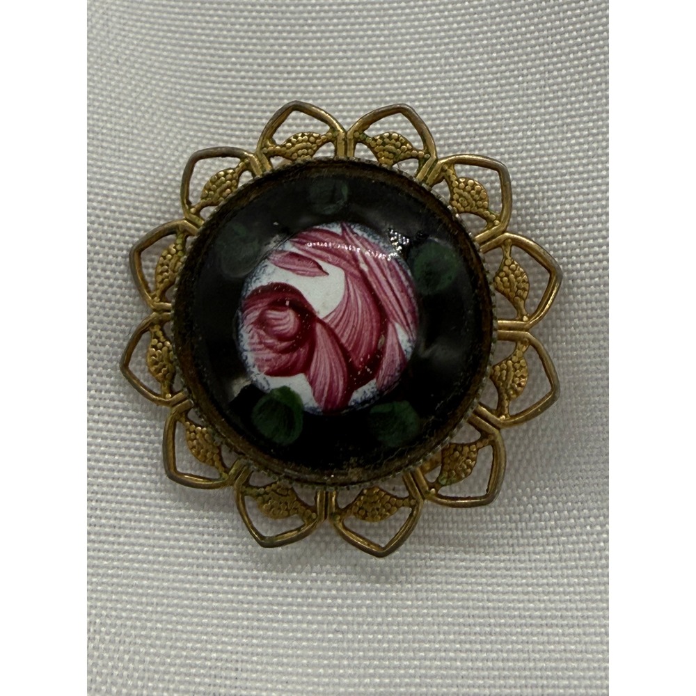 Vintage Gold Tone Filigree Hand Painted Pink Rose Black Enamel Floral Brooch Pin